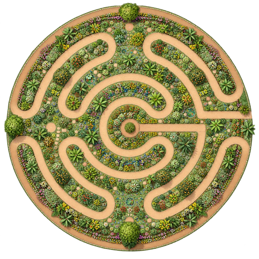 Projeto agroflorestal em mandala circular, com caminhos em espiral entre canteiros floridos