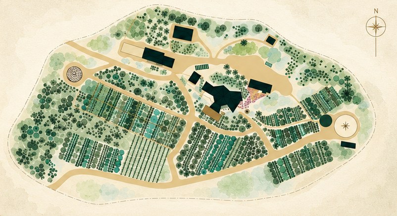 Implantação geral ilustrada de um território com zonas, edificações e plantios