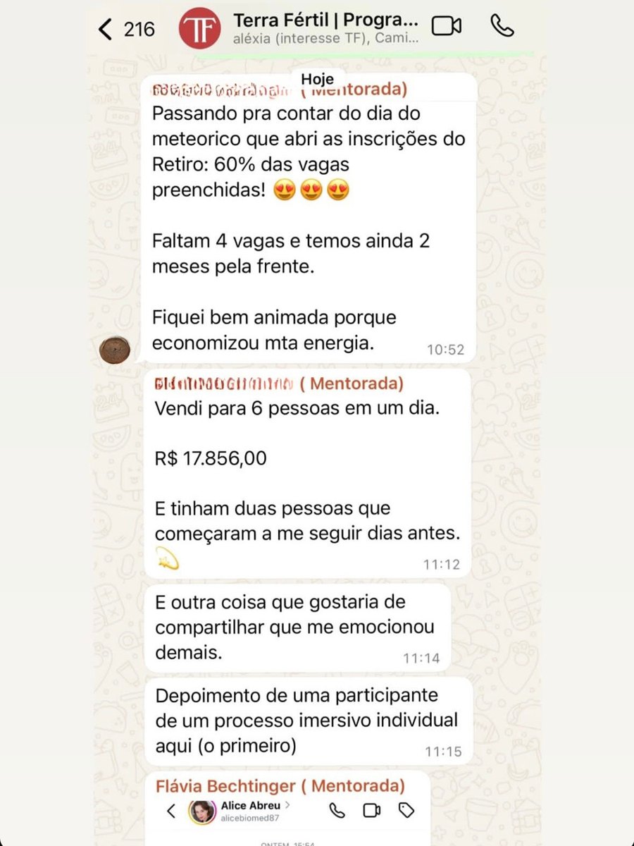 Print de conversa no grupo Terra Fértil: mentorada conta que vendeu para 6 pessoas em um dia, R$ 17.856,00, e preencheu 60% das vagas do retiro