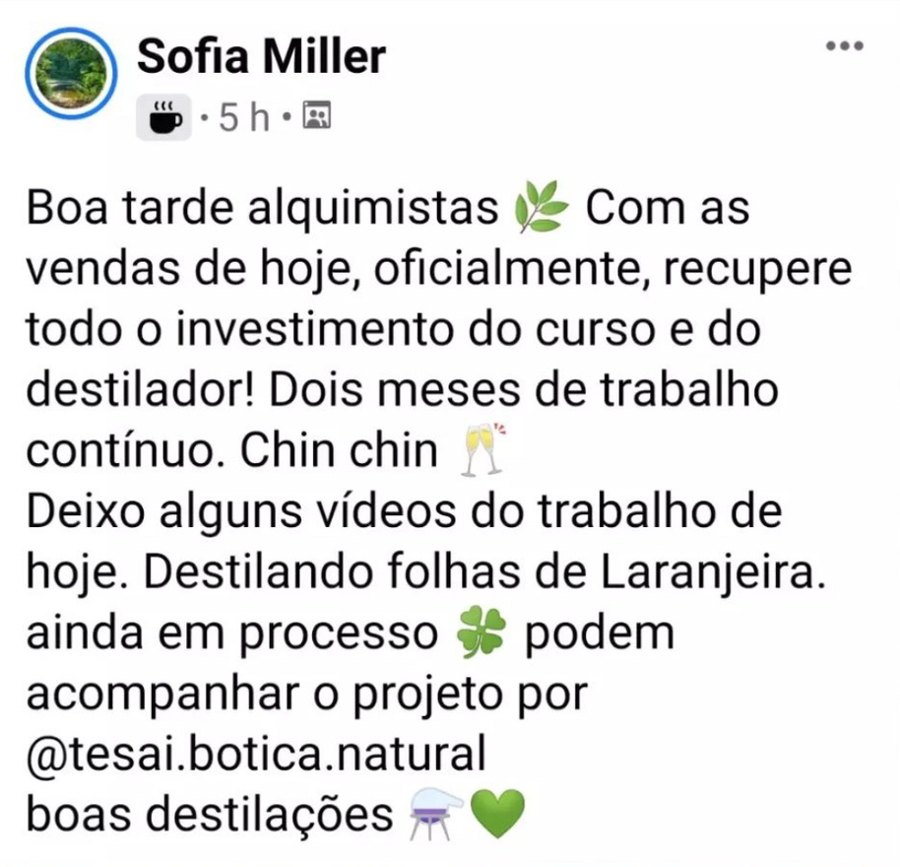 Post de Sofia Miller contando que recuperou o investimento do curso e do destilador