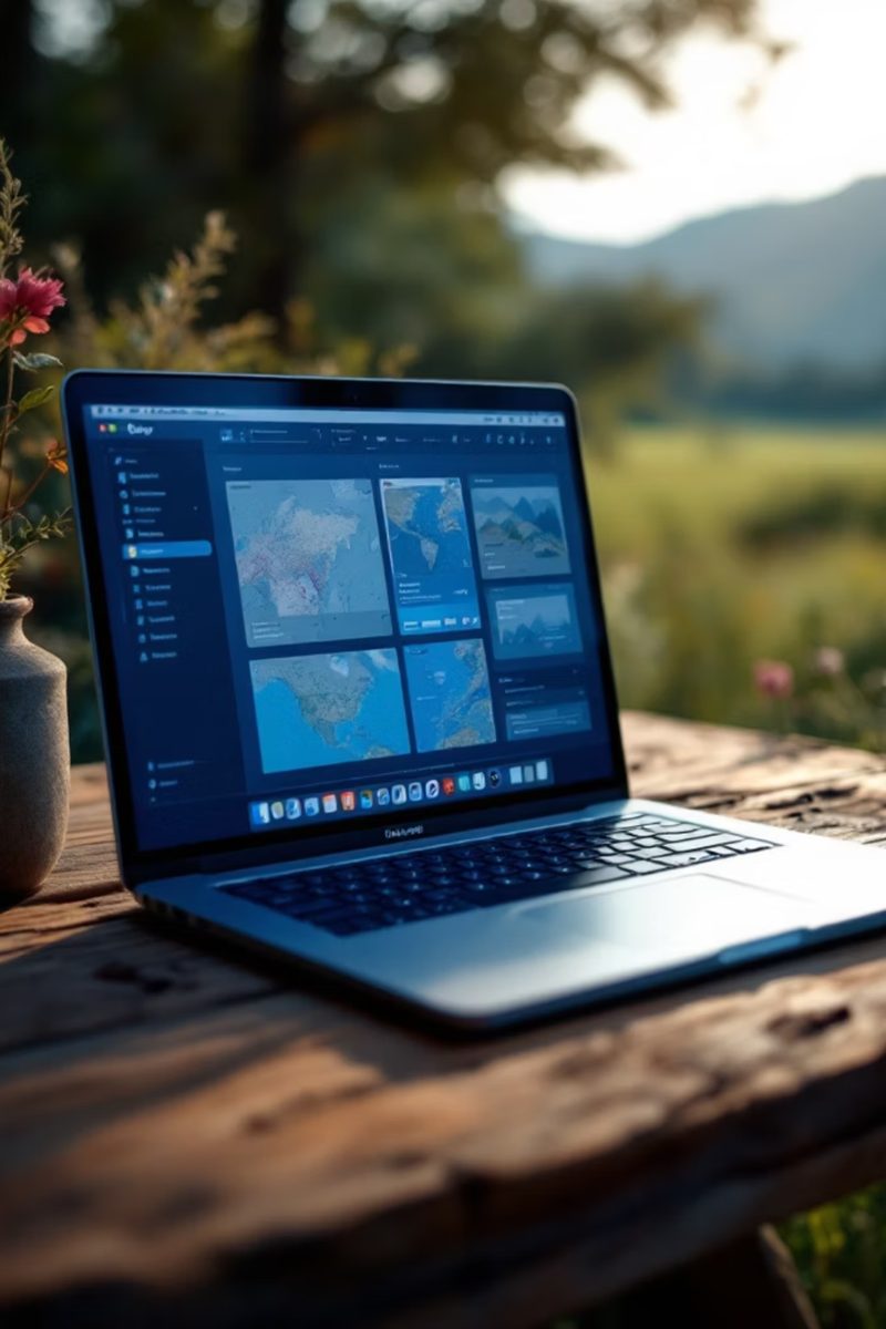 Notebook com mapas do terreno sobre uma mesa de madeira, ao ar livre
